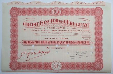 Акция Credit Foncier de L&#039;Uruguay, 1250 франков, Франция (красный)